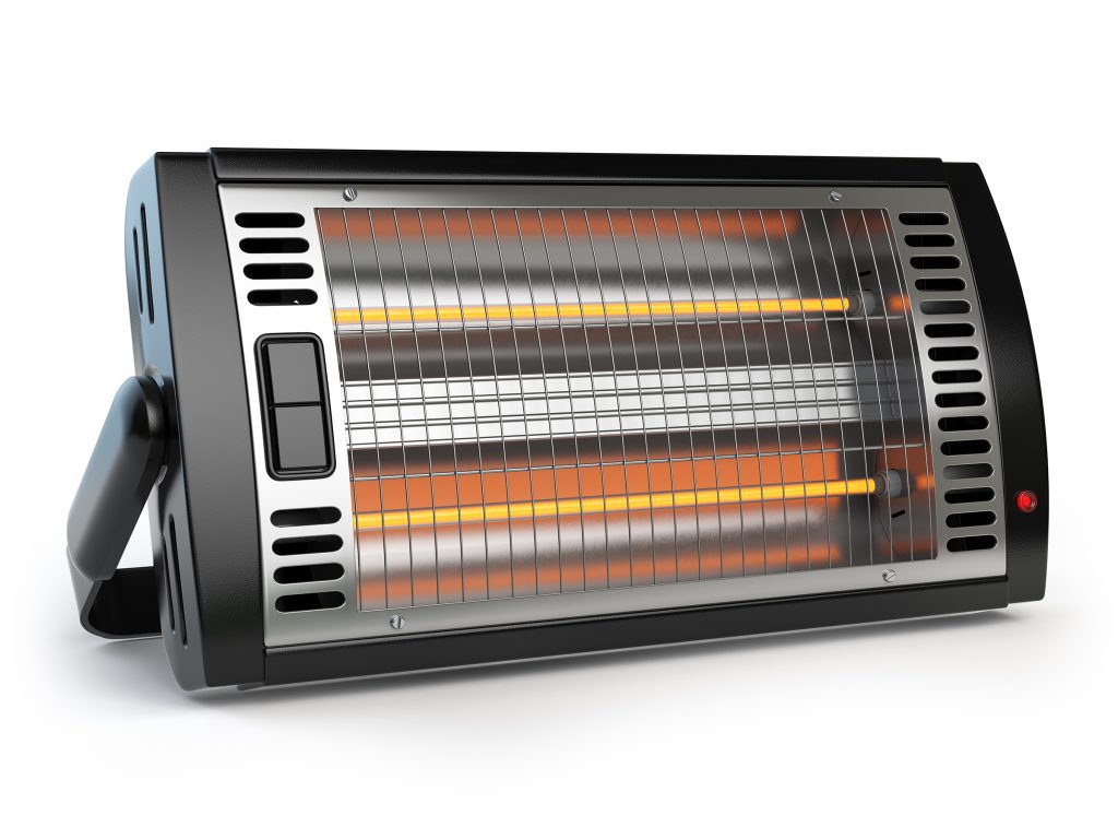 A turned-on infrared heater with two radiant tubes glowing, against a white background.